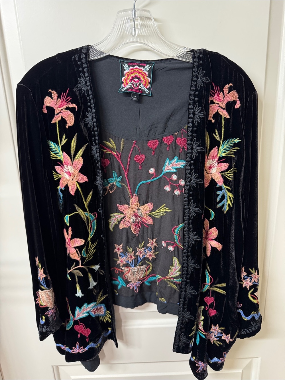 Johnny Was Black Velvet Floral Embroidered Open Cardigan